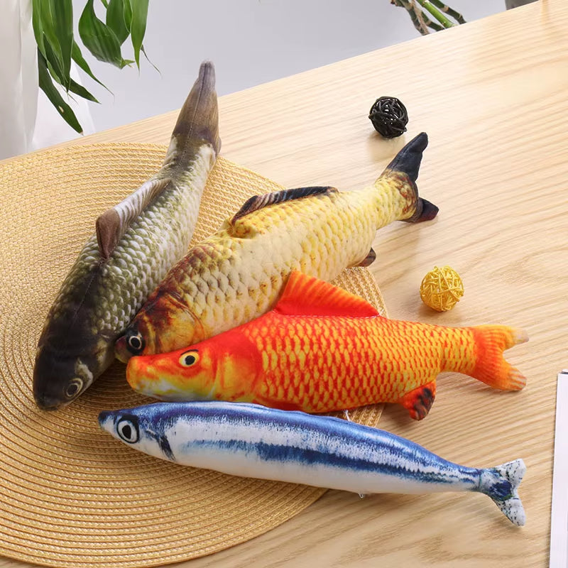 Fish-shaped catnip chew toys in realistic designs, perfect for interactive play.
