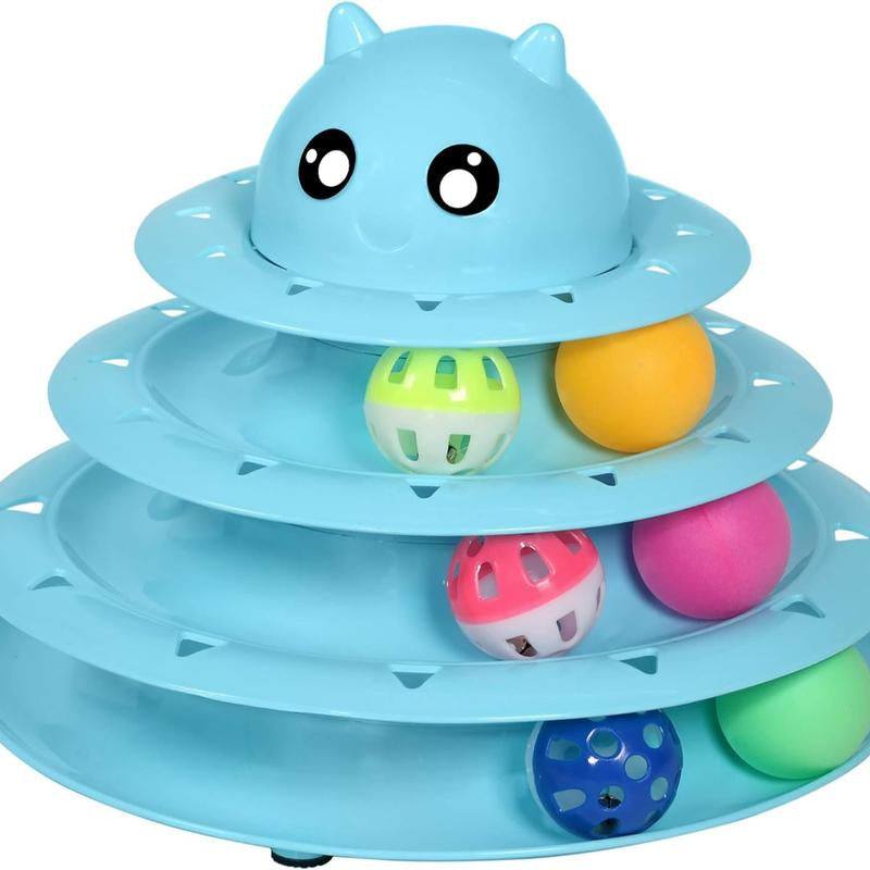 24 PCS Cat Toys in Blue Cat Shaped Tower with Colorful Rolling Balls