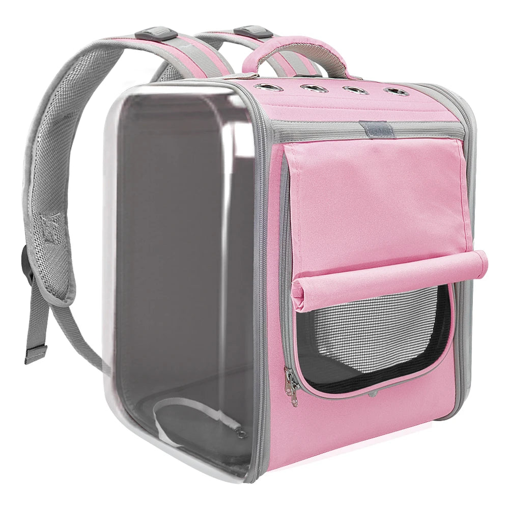 Pink portable cat carrier backpack with breathable mesh panels and adjustable straps for small pets.