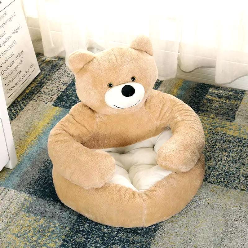 Ultra soft bear-shaped cat bed with removable cushion, semi-enclosed design, non-slip bottom, and plush material.