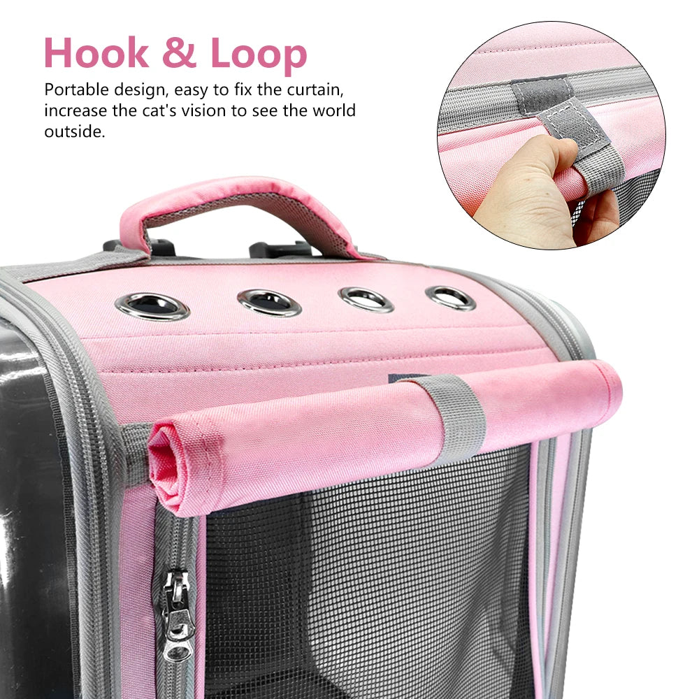 Pink cat carrier backpack with breathable mesh panels, adjustable straps, and hook & loop features for easy travel.