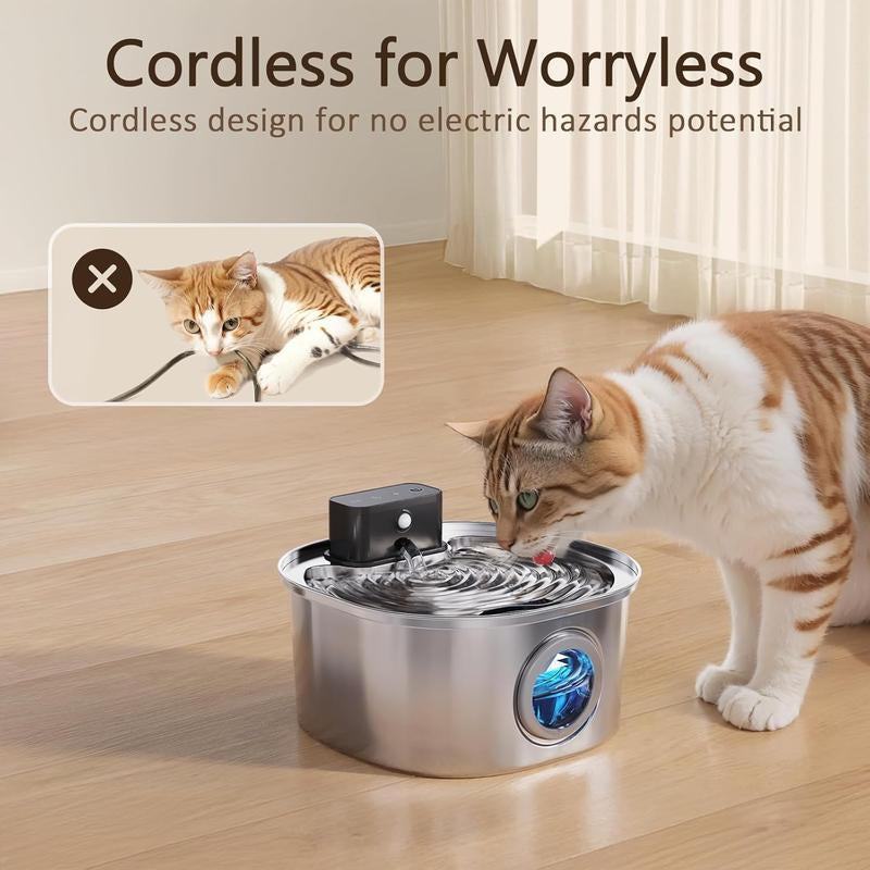 Voluas Stainless Steel Wireless Pet Water Fountain with Sensor and Filtration, 3.2L Capacity.