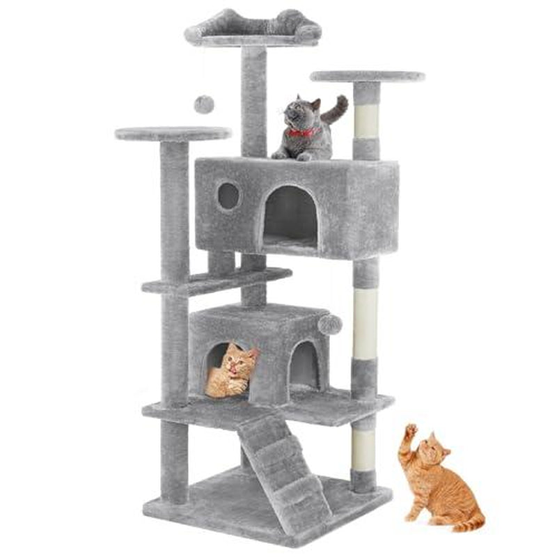 Cat climbing shelf with plush platforms, sisal-covered posts, cozy hideaways, and playful hanging balls.