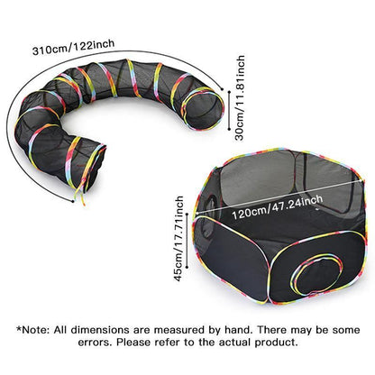 Foldable pet tunnel set with breathable mesh fabric, black color, for indoor and outdoor use, suitable for cats and small dogs.