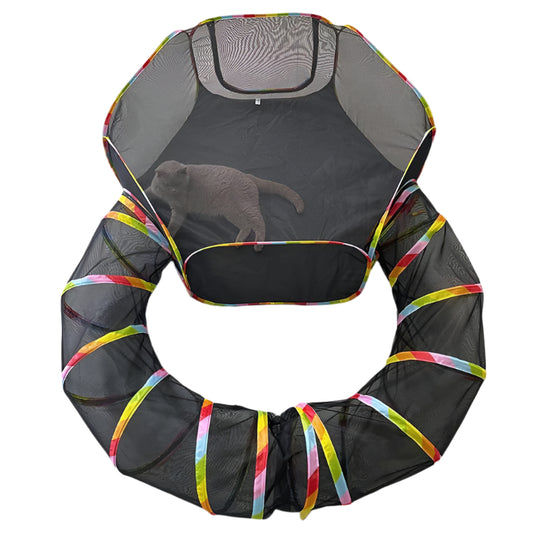 Foldable pet tunnel set for indoor and outdoor use with breathable mesh design.