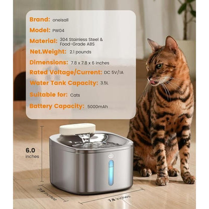 Oneisall Wireless Cat Water Fountain 3.5L with Motion Sensor, stainless steel design, for fresh water supply.