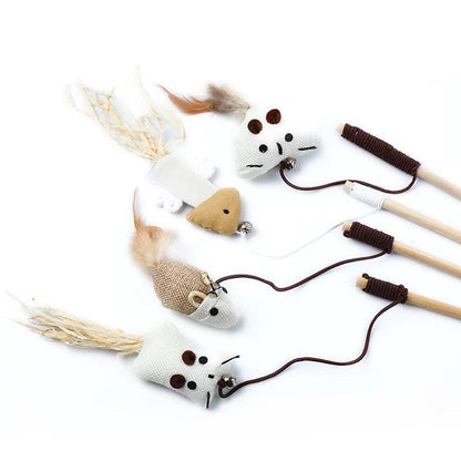 Colorful feather cat toy with long wand for interactive play.