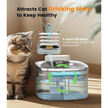 Oneisall Wireless Cat Fountain with motion sensor and 5-layer filtration system in stainless steel, promotes hydration for cats and small dogs.