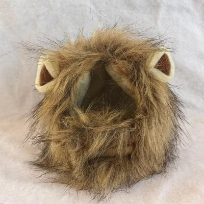 Cat wig lion mane hat with ears for pets on white background.