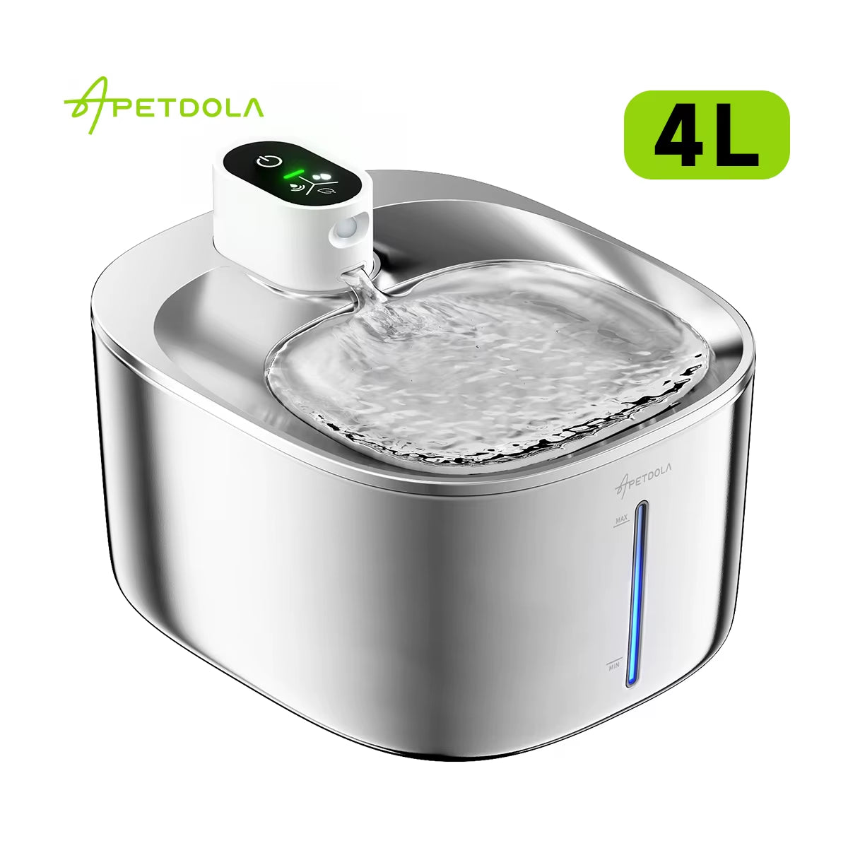 Automatic wireless cat water fountain, stainless steel, 4L capacity, sensor modes, quiet operation, MeowEssentials™ UltraSmart.