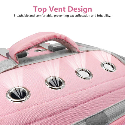 Breathable pink cat carrier backpack with top vent design for comfort and style.