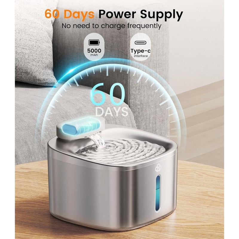 Oneisall Wireless Cat Fountain, stainless steel, 3.5L capacity with motion sensor, 60-day battery, Type-C charging.
