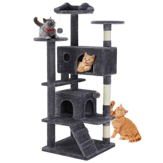 Cat climbing shelf with multiple platforms, sisal-wrapped posts, cozy houses, and hanging toys for interactive play.