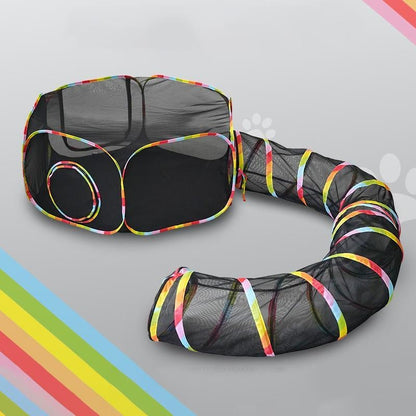 Foldable pet tunnel set with colorful mesh design for indoor and outdoor use.