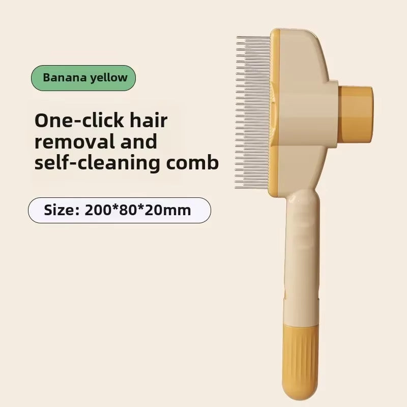 Self-cleaning banana yellow brush for cat and dog grooming, ergonomic design.