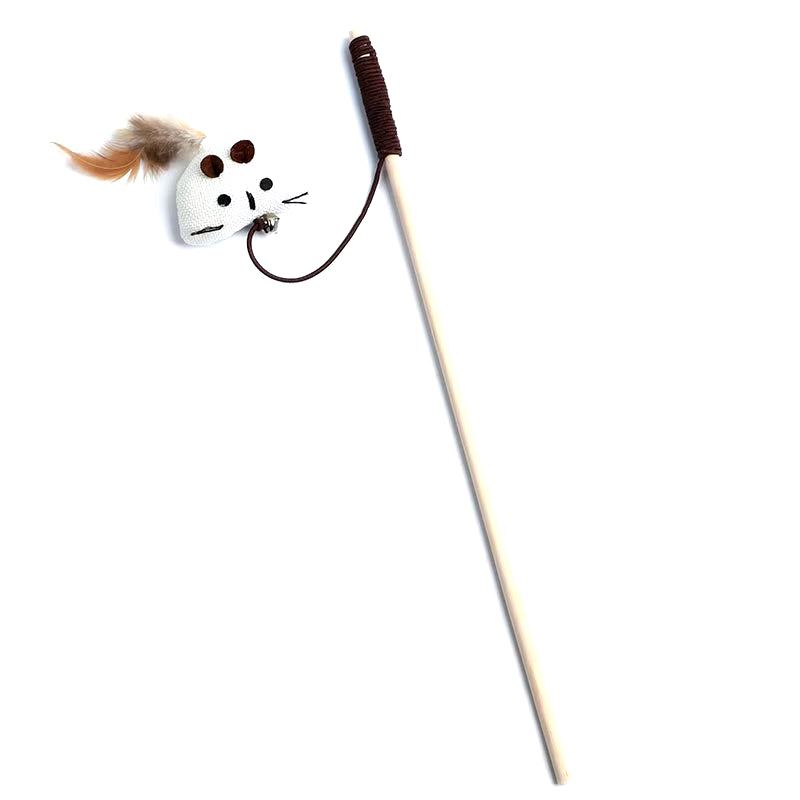 Colorful feather cat toy with a long wooden stick and flexible feather for interactive play.