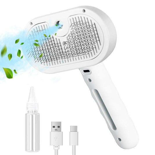 Self-cleaning cat hair brush with mist function, ergonomic design.
