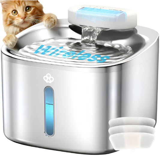 Wireless stainless steel pet water fountain with motion sensor, 3.5L capacity, and USB-C charging, ideal for cats and small dogs.