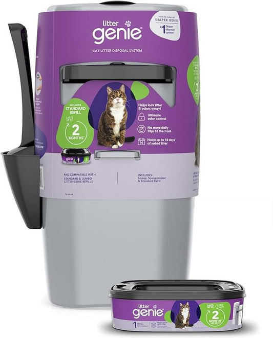 Silver odor-control litter pail with refill included, ideal for hygienic cat waste management.