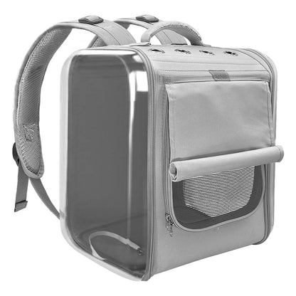Portable cat carrier backpack with breathable mesh panels, suitable for small pets.