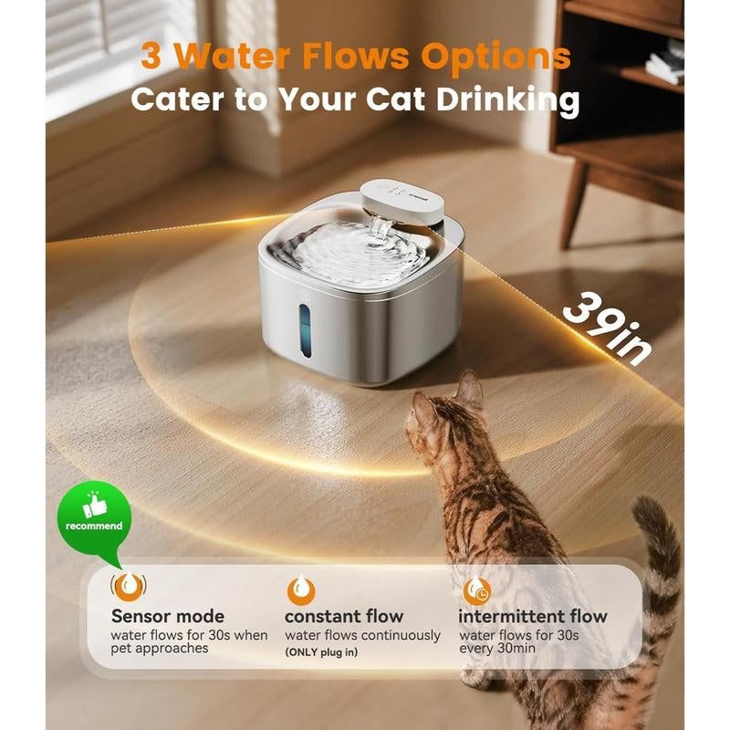 Oneisall Wireless Cat Water Fountain in Stainless Steel with Motion Sensor, 3.5L capacity, indoor use.