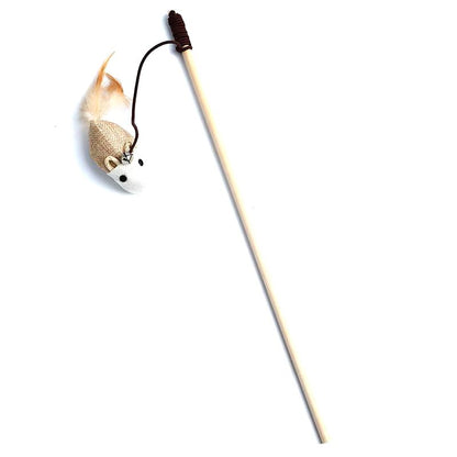 Colorful feather cat wand toy with long reach for interactive play.