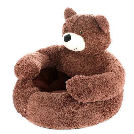 Ultra soft bear-shaped cat bed with semi-enclosed design and plush fabric.