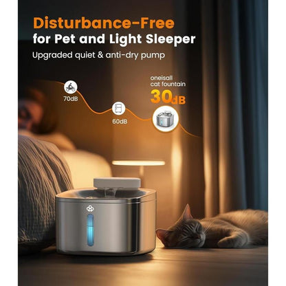 Wireless stainless steel cat and dog water fountain with motion sensor, ideal for indoor hydration, quiet operation under 30dB.