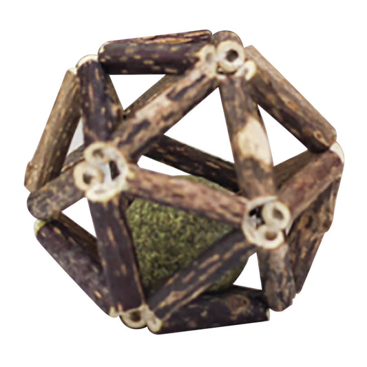 Catnip-infused wooden ball for cats, promoting dental health and playfulness.
