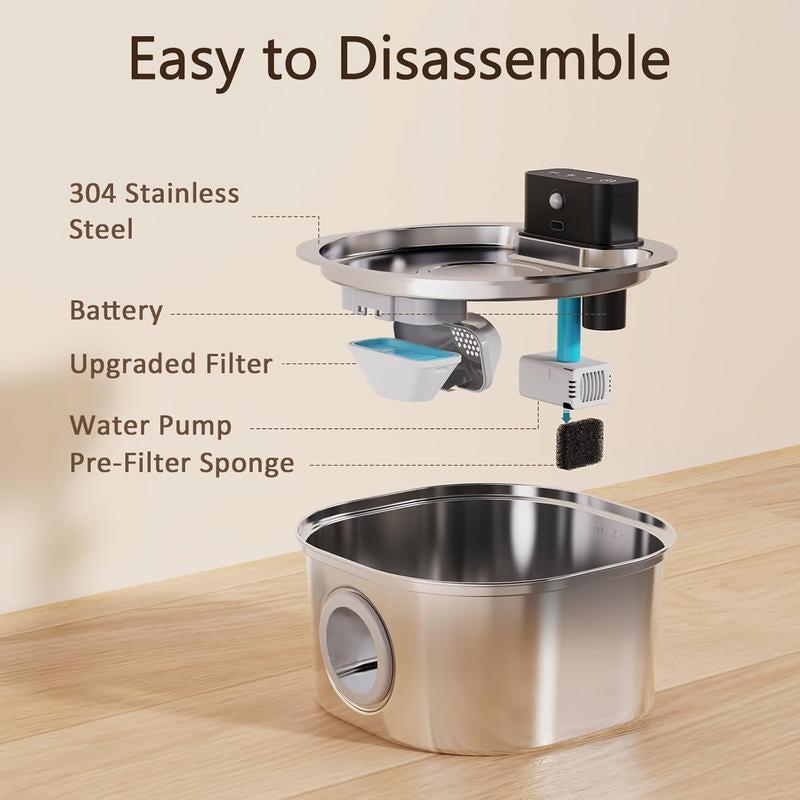 Voluas Stainless Steel Wireless Pet Water Fountain with sensor and 4-layer filtration, easy to disassemble.
