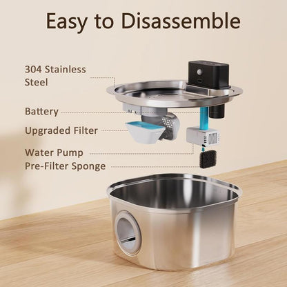 Voluas Stainless Steel Wireless Pet Water Fountain with sensor and 4-layer filtration, easy to disassemble.