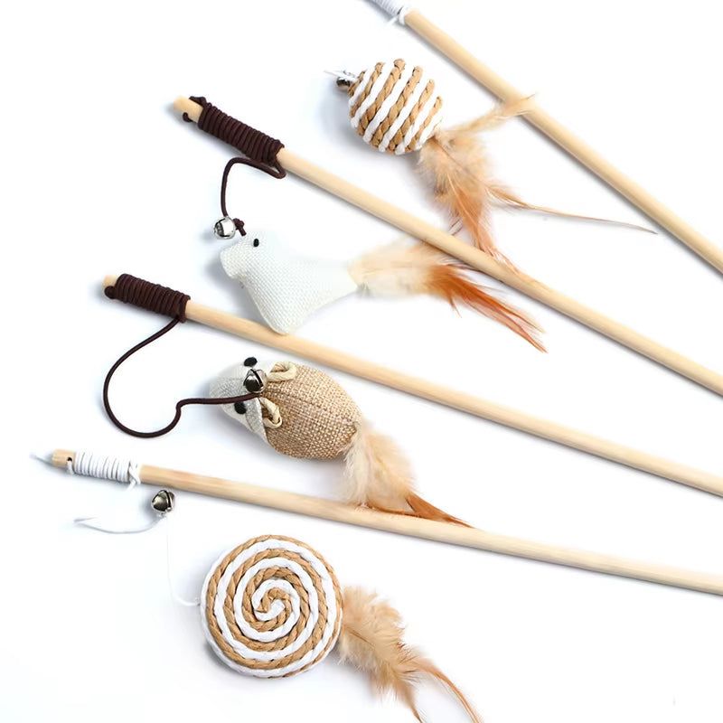 Colorful feather cat toy with long wooden stick, perfect for interactive play and hunting instincts.