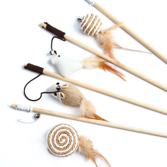 Colorful feather cat toy with long wooden stick, perfect for interactive play and hunting instincts.