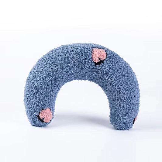 U-Shaped cat pillow for small pets, blue, fluffy texture.