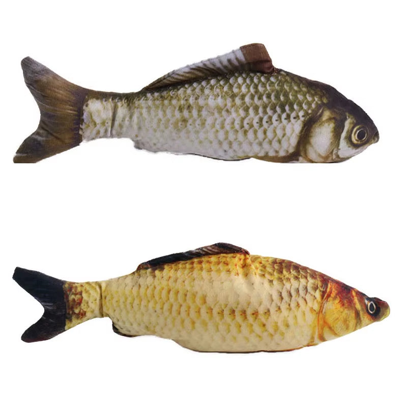 Realistic fish-shaped catnip chew toys made of soft plush, ideal for cats and small dogs.
