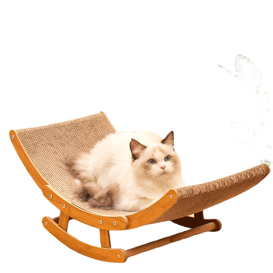 Cat lounging on PurrComfort™ LoungeScratcher with solid wood frame and cradle effect.