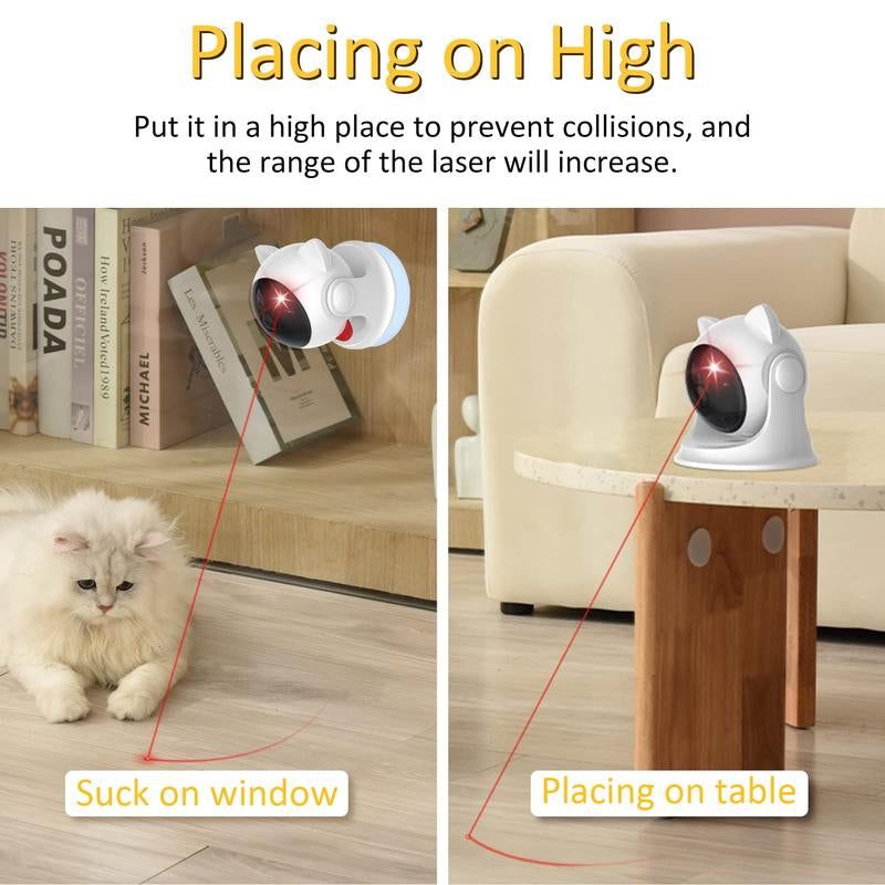 Automatic cat laser toy with three adjustable speeds for interactive play, shown placed on high surfaces to increase laser range.