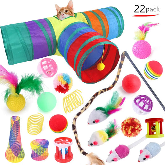 Colorful cat toy collection with foldable play tunnel, feather wands, bell balls, and sisal mice for interactive fun; 22 pack.