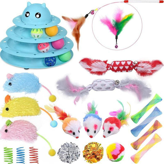 24 PCS Cat Toys set with tower, mice, balls, springs, and feathers for interactive play.