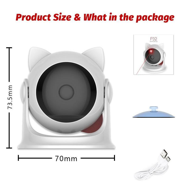 Automatic cat laser toy with 3 adjustable speeds; includes size dimensions and USB charging cable.