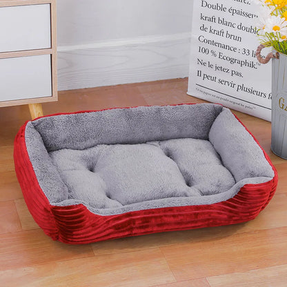 Breathable and lightweight red and gray square cat bed, perfect for warmth and comfort.