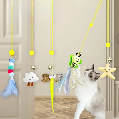Interactive cat toy with elastic rope and bell for playful fun.