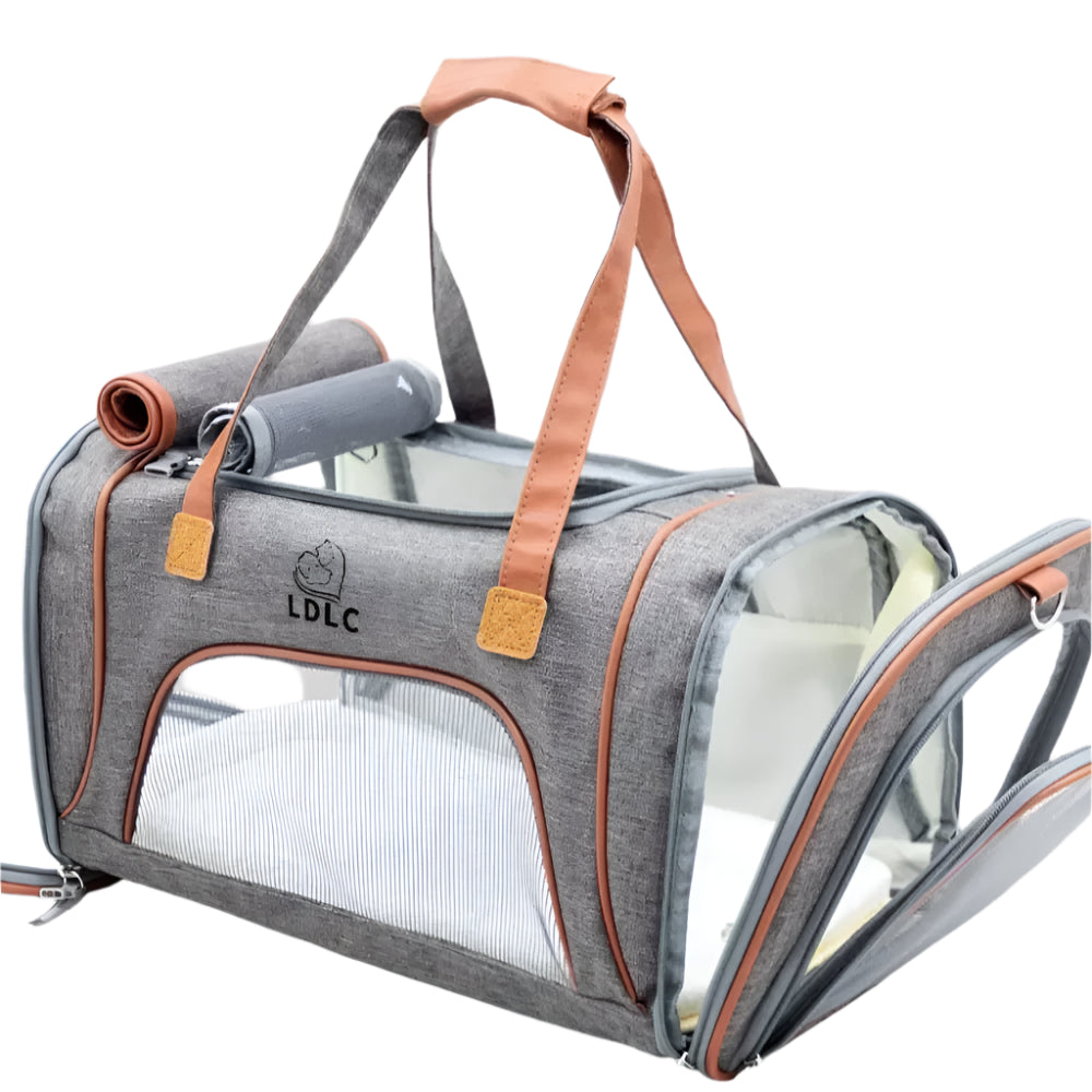 Collapsible cat hand bag with mesh sides and brown accents, ideal for pet travel and portability.