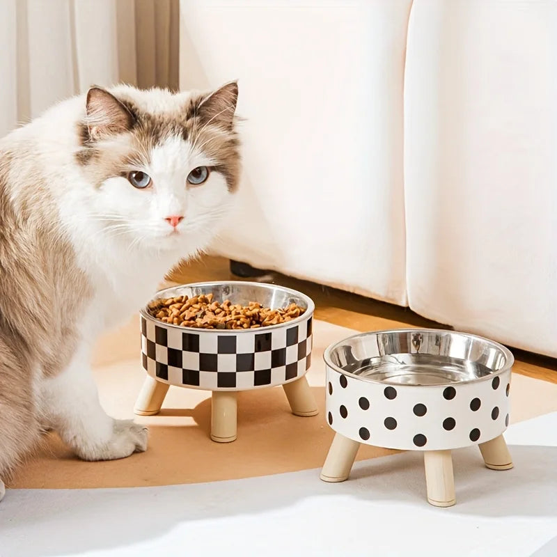 Elevated stainless steel cat bowls with minimalist design, perfect for food and water.