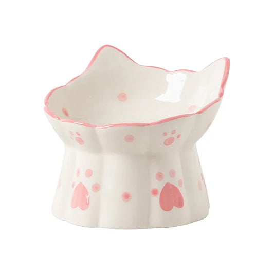 Cat ceramic food bowl with pink details, sturdy and elegant design.