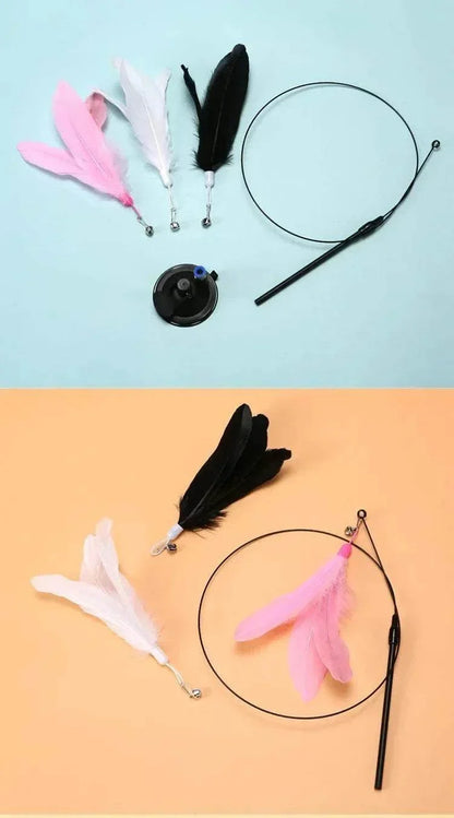 Interactive cat toy with feathers and flexible wand for playful engagement.