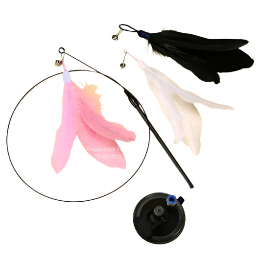 Interactive cat toy with feathers and wand for playtime and bonding.