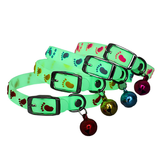 Luminous cat necklace glowing in neon colors with reflective stripes and bell.