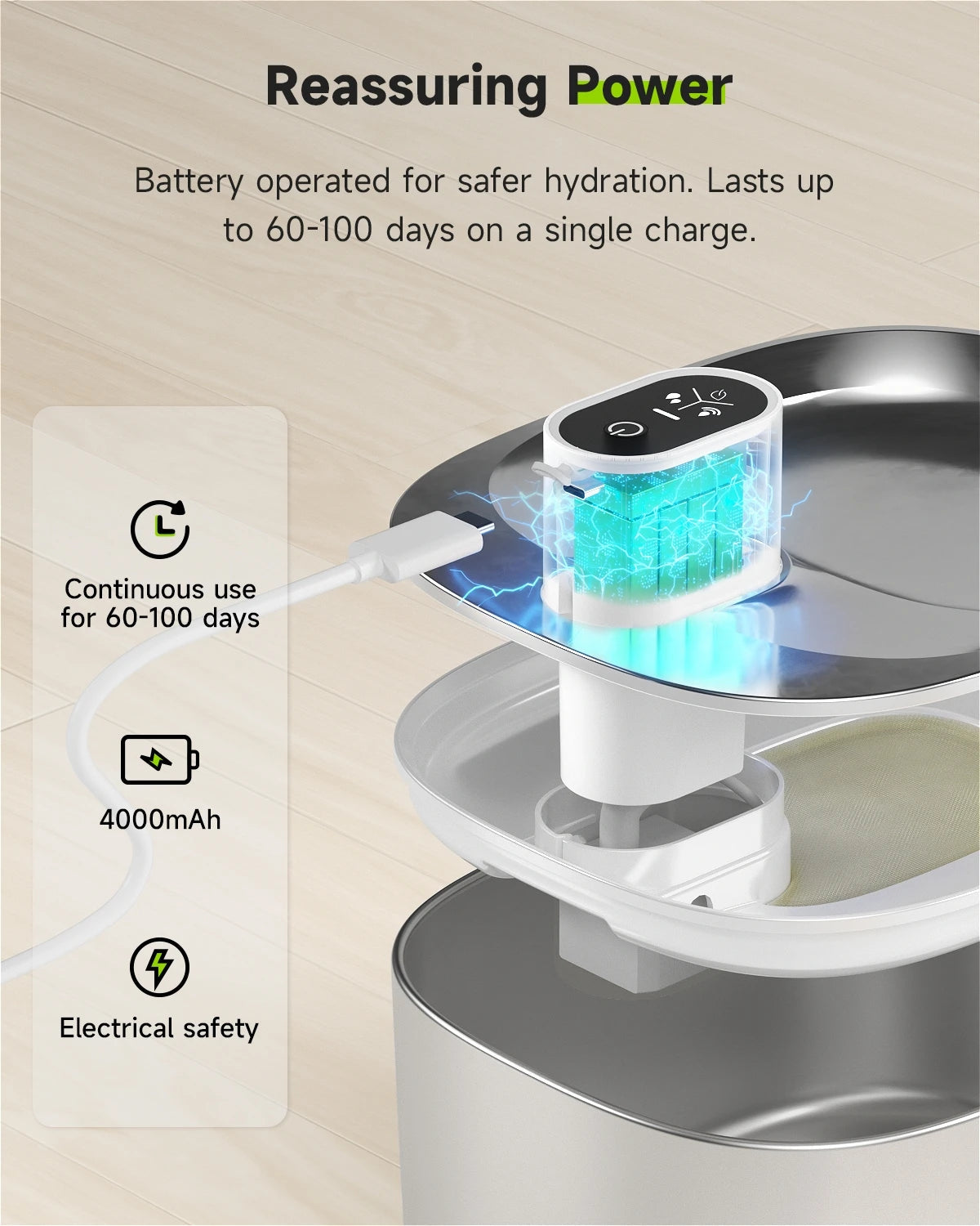Automatic wireless cat water fountain with safe hydration and long-lasting battery.