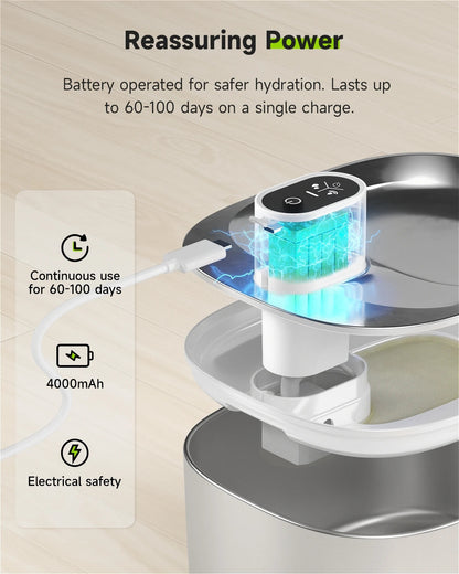 Automatic wireless cat water fountain with safe hydration and long-lasting battery.